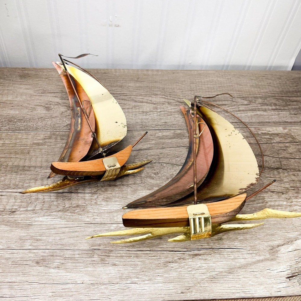 MCM Brass Sailboat Set of 2 - Vintage Sail boat Decor - Picture 2 of 11